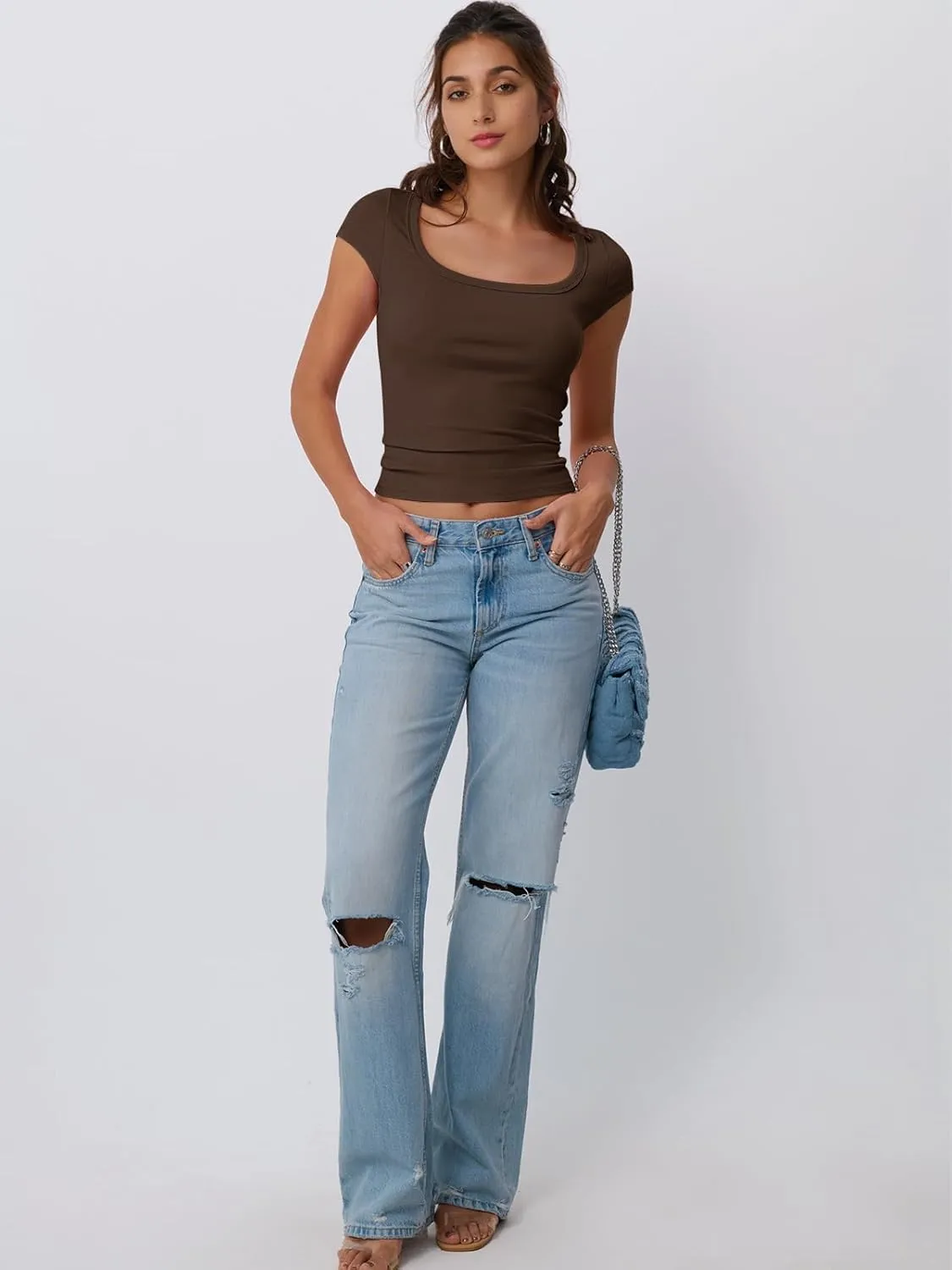 Trendy Queen Womens Square Neck Ribbed Basic Going Out Crop Tops Cap Sleeve T Shirts Summer Clothes 2025