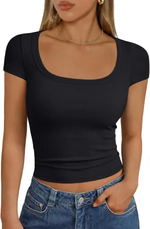 Trendy Queen Womens Square Neck Ribbed Basic Going Out Crop Tops Cap Sleeve T Shirts Summer Clothes 2025
