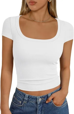 Trendy Queen Womens Square Neck Ribbed Basic Going Out Crop Tops Cap Sleeve T Shirts Summer Clothes 2025