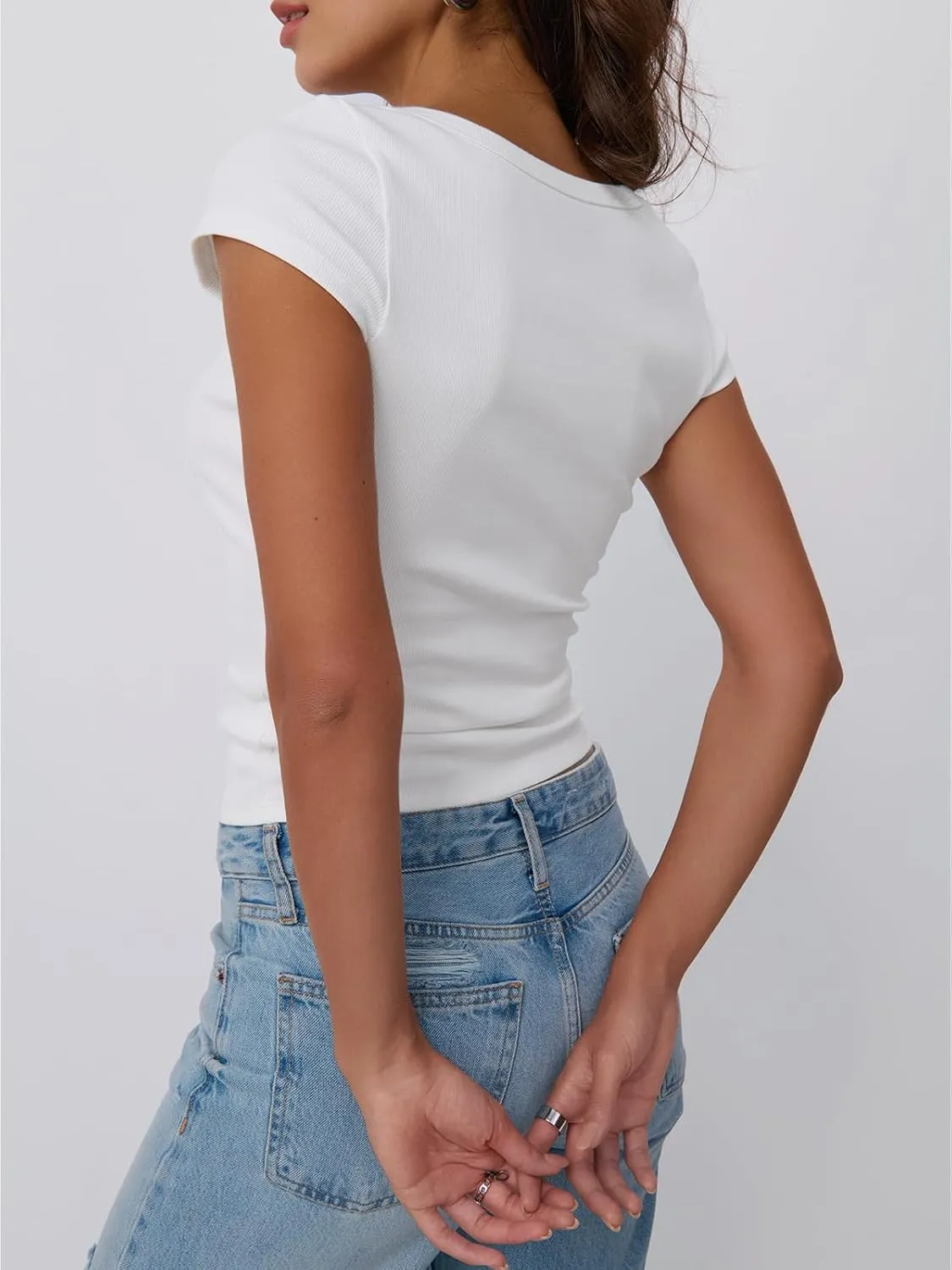 Trendy Queen Womens Square Neck Ribbed Basic Going Out Crop Tops Cap Sleeve T Shirts Summer Clothes 2025