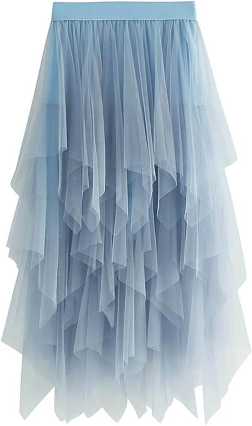 Tulle Skirt for Women Asymmetrical Pleated Tutu Midi Skirt Casual Cocktail Party Beach Elastic Waist Mesh Layered Skirts
