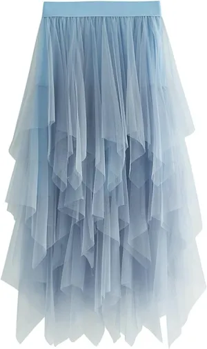 Tulle Skirt for Women Asymmetrical Pleated Tutu Midi Skirt Casual Cocktail Party Beach Elastic Waist Mesh Layered Skirts