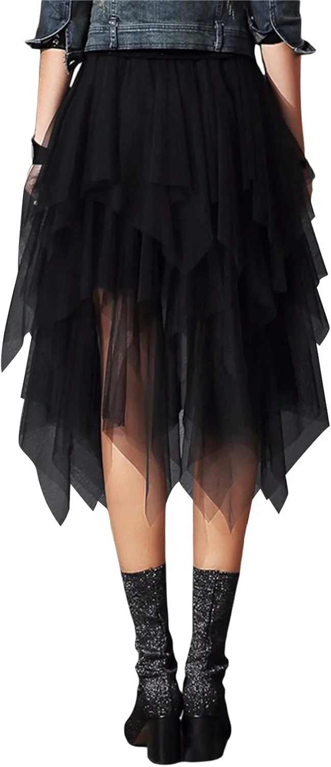 Tulle Skirt for Women Asymmetrical Pleated Tutu Midi Skirt Casual Cocktail Party Beach Elastic Waist Mesh Layered Skirts
