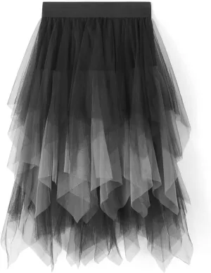 Tulle Skirt for Women Asymmetrical Pleated Tutu Midi Skirt Casual Cocktail Party Beach Elastic Waist Mesh Layered Skirts