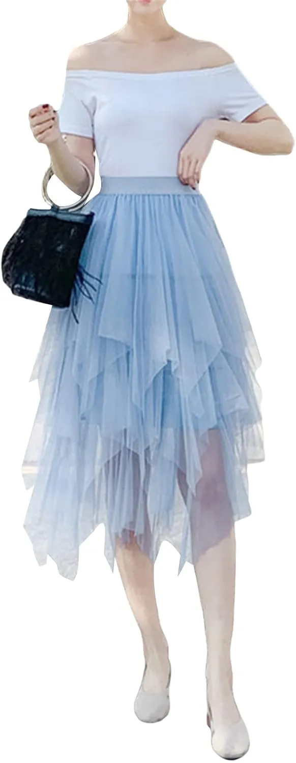 Tulle Skirt for Women Asymmetrical Pleated Tutu Midi Skirt Casual Cocktail Party Beach Elastic Waist Mesh Layered Skirts