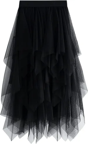 Tulle Skirt for Women Asymmetrical Pleated Tutu Midi Skirt Casual Cocktail Party Beach Elastic Waist Mesh Layered Skirts