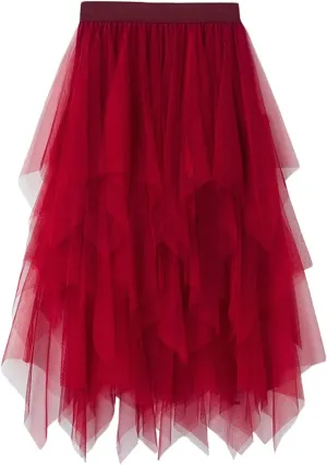 Tulle Skirt for Women Asymmetrical Pleated Tutu Midi Skirt Casual Cocktail Party Beach Elastic Waist Mesh Layered Skirts