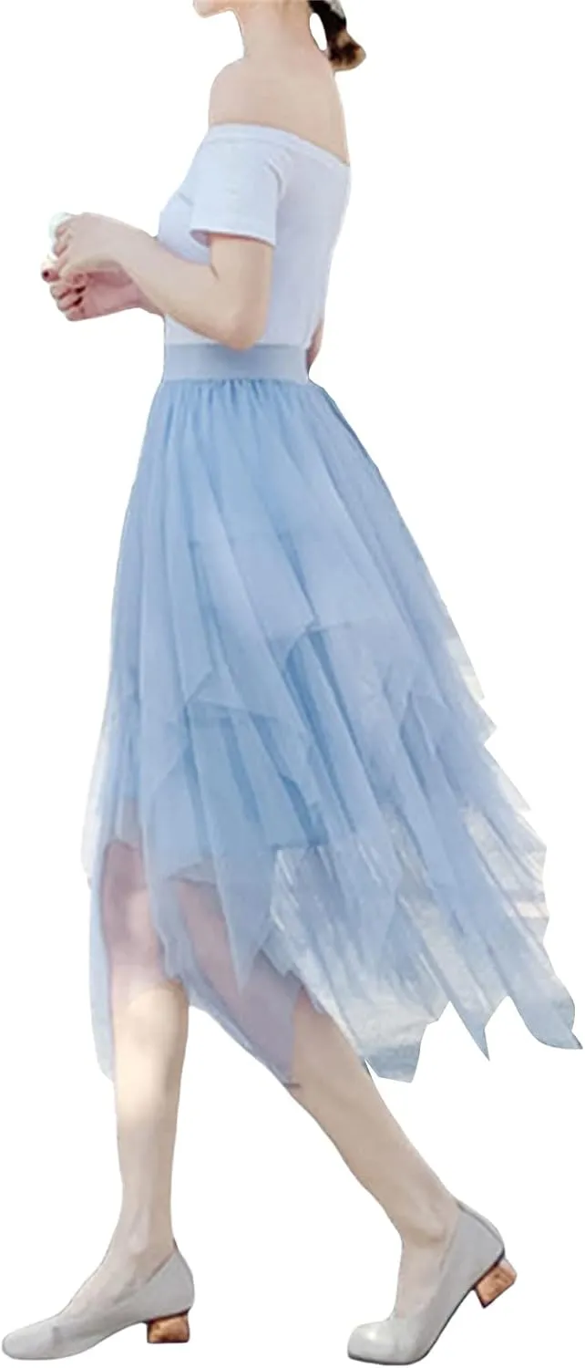 Tulle Skirt for Women Asymmetrical Pleated Tutu Midi Skirt Casual Cocktail Party Beach Elastic Waist Mesh Layered Skirts