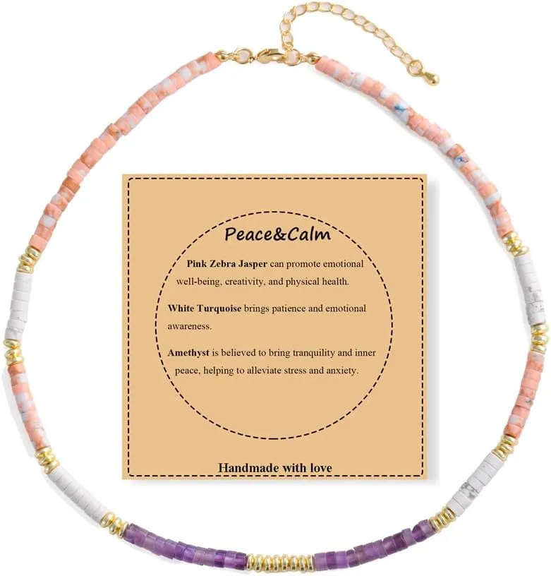 UEUC Healing Stone Beaded Choker Necklace for Women, Spiritual Crystal Gemstones Necklace for Anxiety Relief, Summer Beach Handmade Minimalist Necklace with Meaning Card