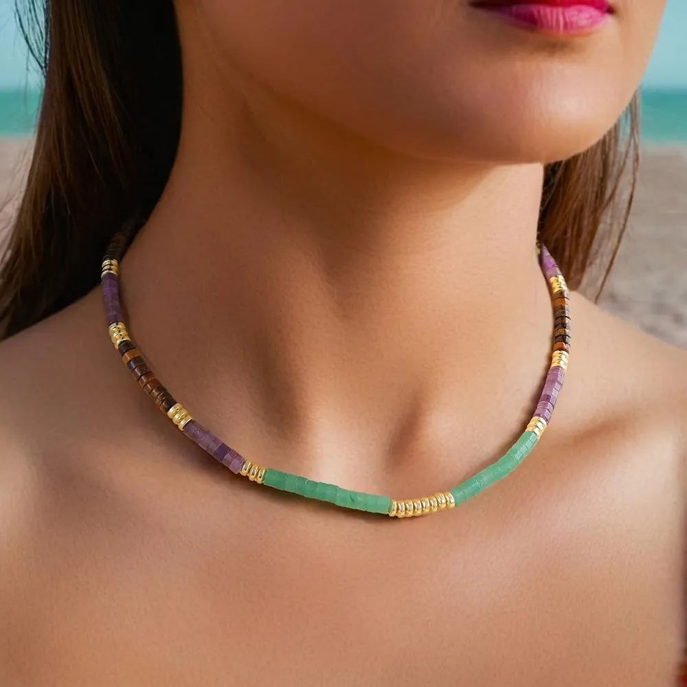 UEUC Healing Stone Beaded Choker Necklace for Women, Spiritual Crystal Gemstones Necklace for Anxiety Relief, Summer Beach Handmade Minimalist Necklace with Meaning Card