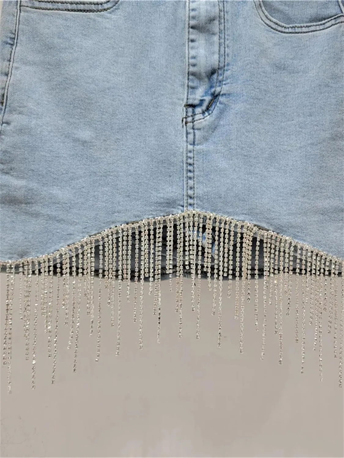 UIOKLMJH High Waisted Denim Skirt for Women Spring Busienss Office Irregular Tassel Wrap Hip Mini Skirt