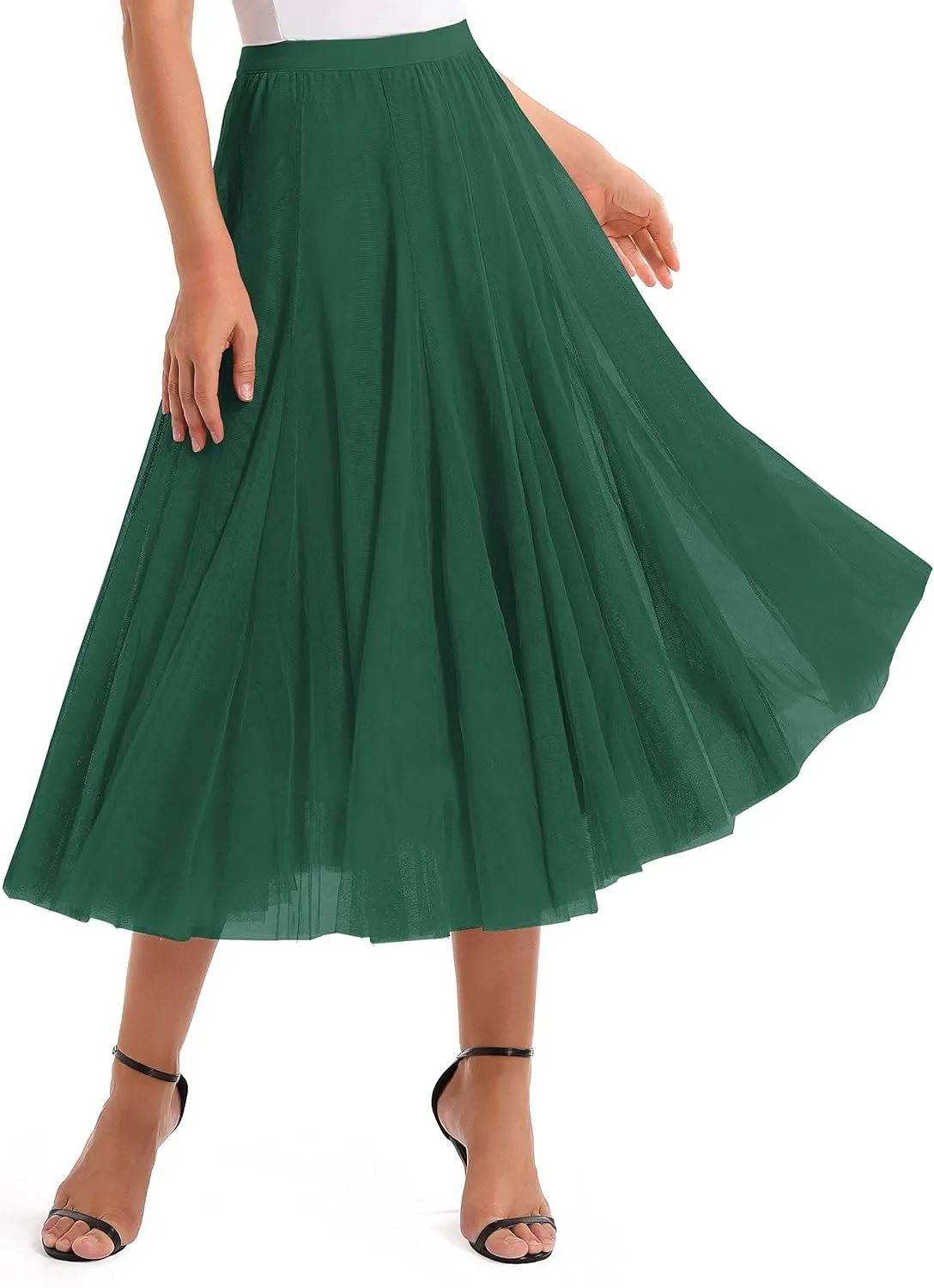 Urban CoCo Women's Tulle Skirt Elastic High Waist Layered Pleated Mesh Flowy A-line Midi Skirt
