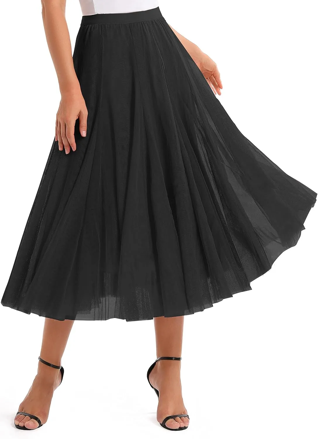 Urban CoCo Women's Tulle Skirt Elastic High Waist Layered Pleated Mesh Flowy A-line Midi Skirt