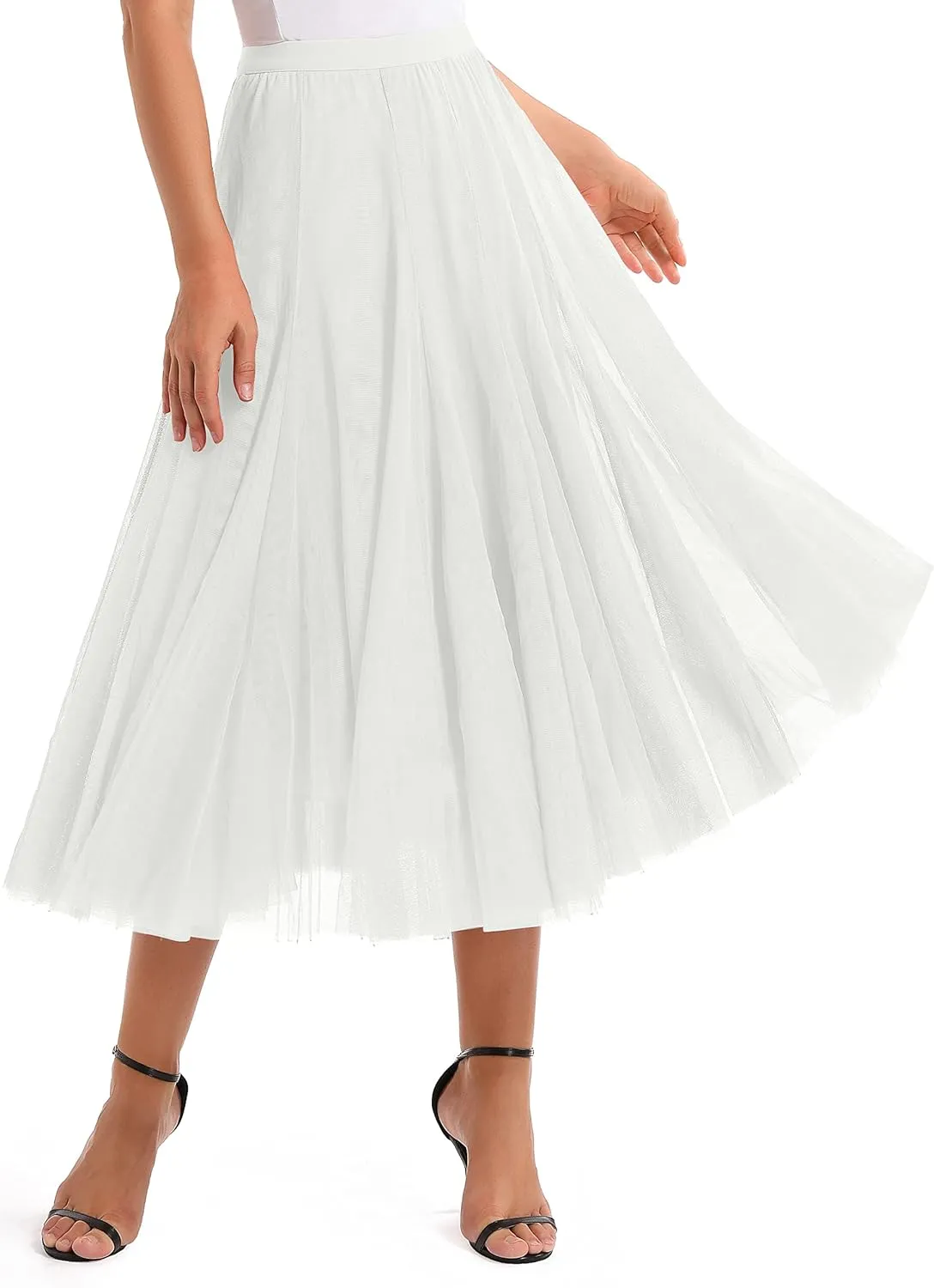 Urban CoCo Women's Tulle Skirt Elastic High Waist Layered Pleated Mesh Flowy A-line Midi Skirt