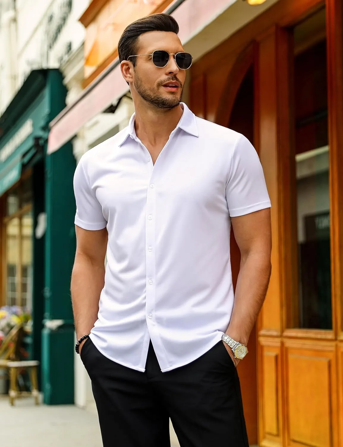 URRU Men's Muscle Dress Shirts Slim Fit Stretch Wrinkle Free Short Sleeve Casual Button Down Shirts
