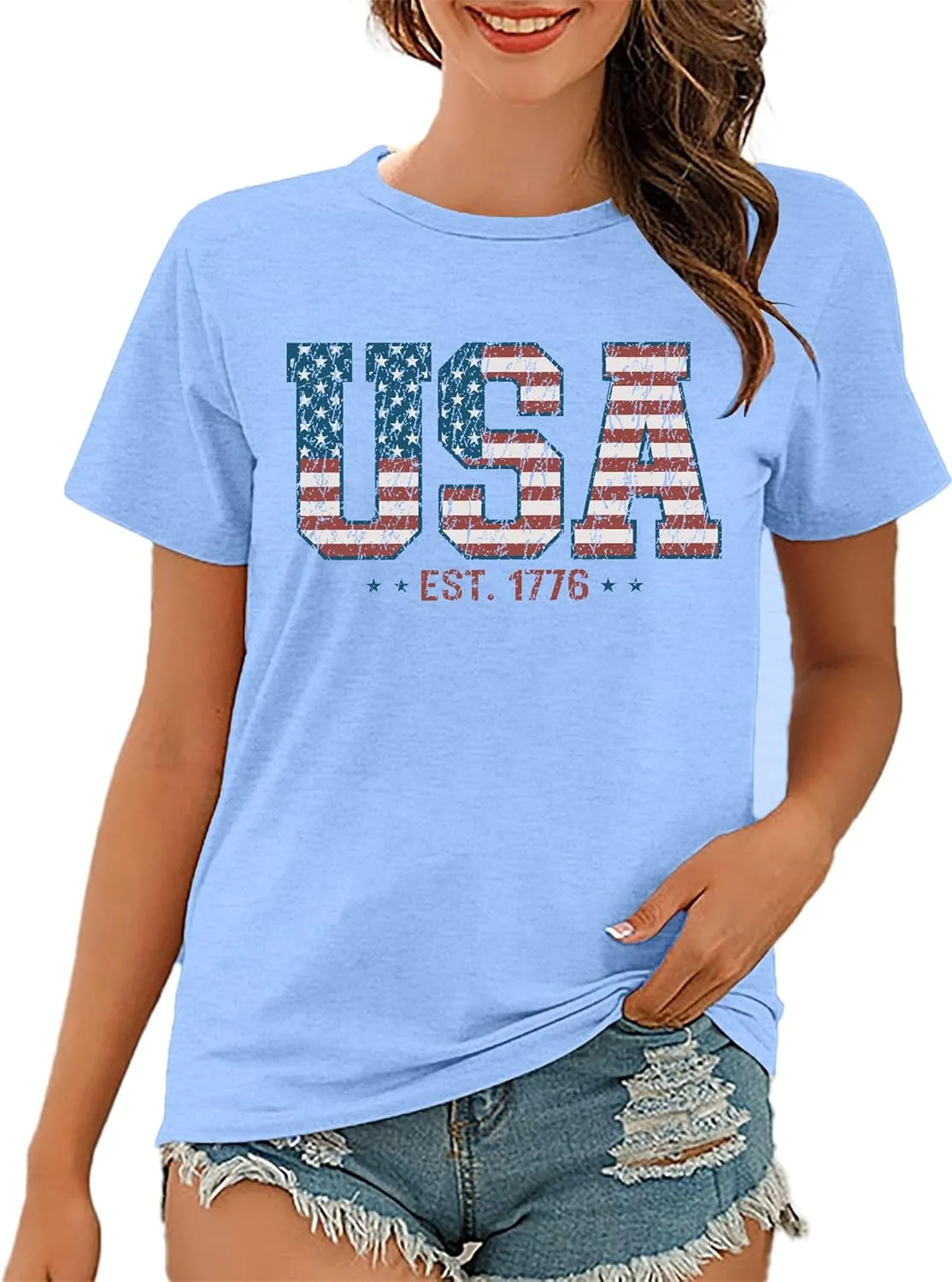 USA Flag Tee Shirt Women 4th of July Gift T Shirt Casual Short Sleeve American Proud T-Shirt Tops