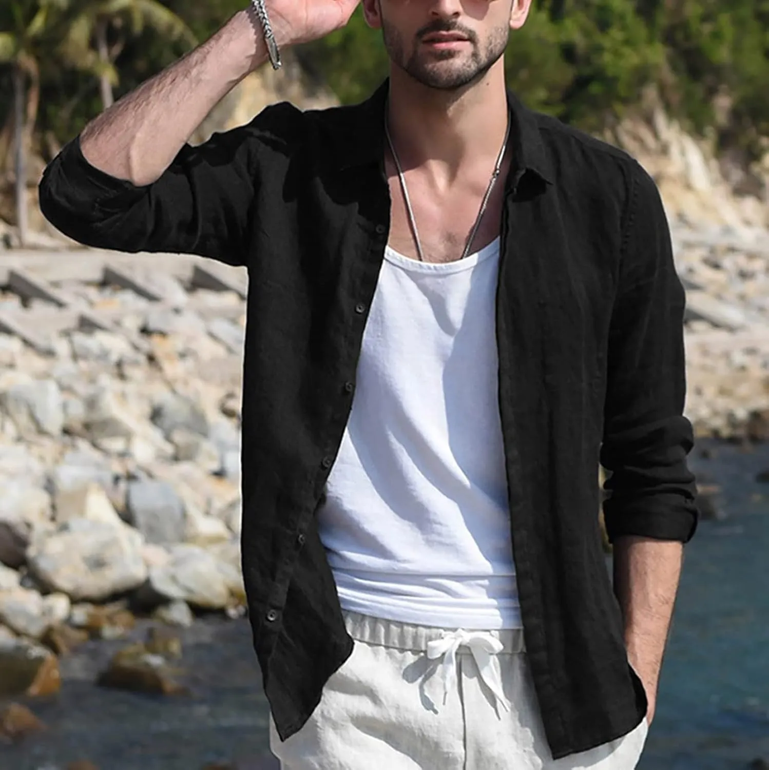utcoco Men's Linen Long Sleeve Button Down Shirts Solid Casual Slim Fit T-Shirts