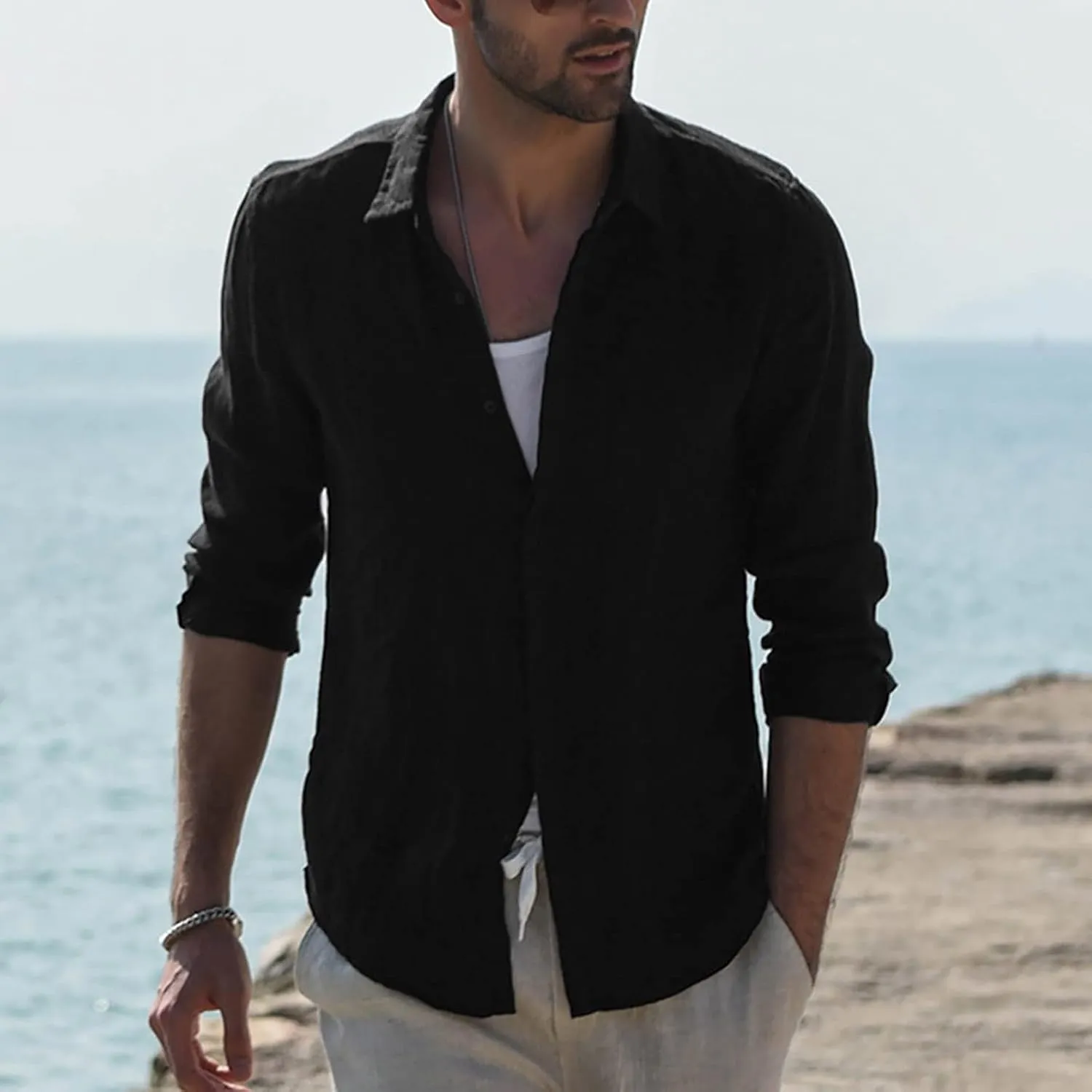 utcoco Men's Linen Long Sleeve Button Down Shirts Solid Casual Slim Fit T-Shirts