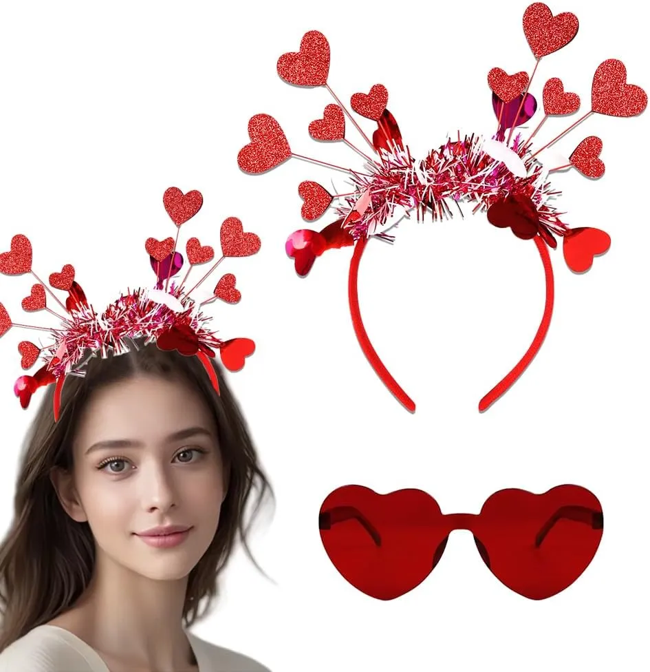 Valentines Day Red Heart Headband Heart Sunglasses Set Glitter Red Heart Hairband Hair Accessories Cute Heart Head wear for Halloween Bridal Shower Wedding Cosplay Costume Accessory