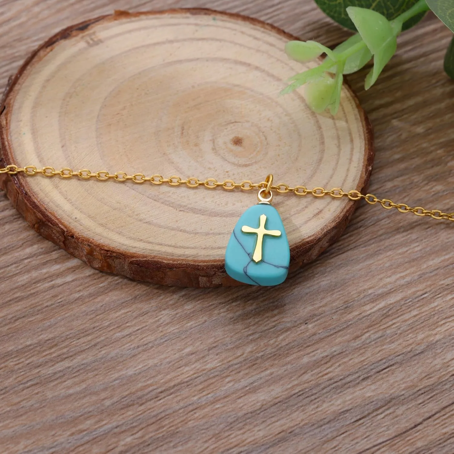 VAttract Stone Cross Necklace, Natural Stone Necklaces, Cross Pendant Necklace for Women, Gemstone Jewelry with Adjustable Chain Jewelry Gift for Girls