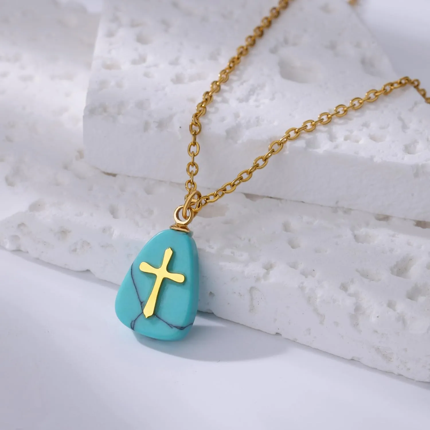 VAttract Stone Cross Necklace, Natural Stone Necklaces, Cross Pendant Necklace for Women, Gemstone Jewelry with Adjustable Chain Jewelry Gift for Girls