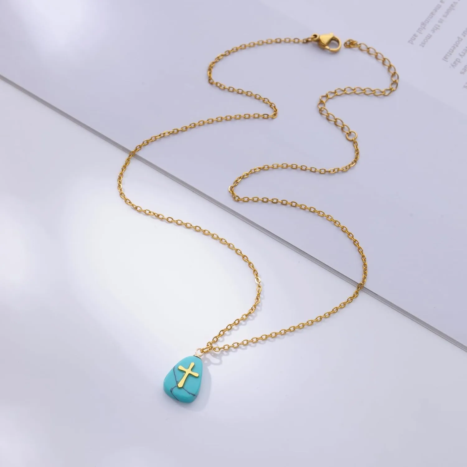 VAttract Stone Cross Necklace, Natural Stone Necklaces, Cross Pendant Necklace for Women, Gemstone Jewelry with Adjustable Chain Jewelry Gift for Girls