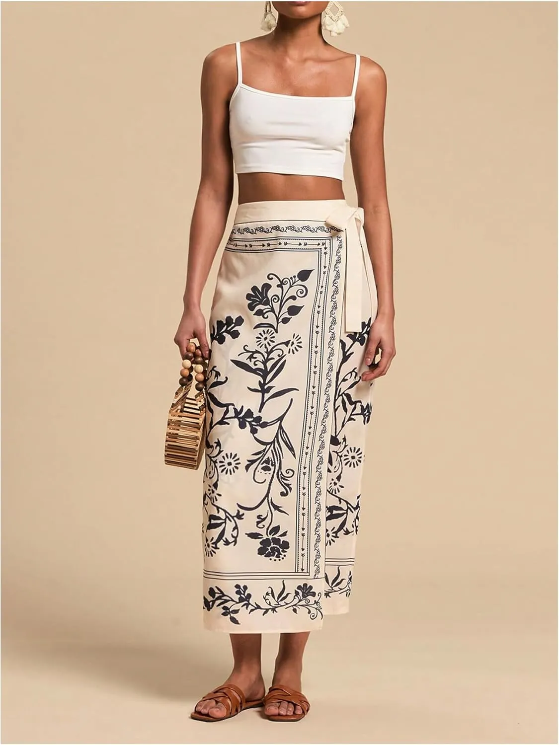 Verdusa Women's Floral Print Bow Tie Long Skirts Boho High Waisted Wrap Summer Skirt