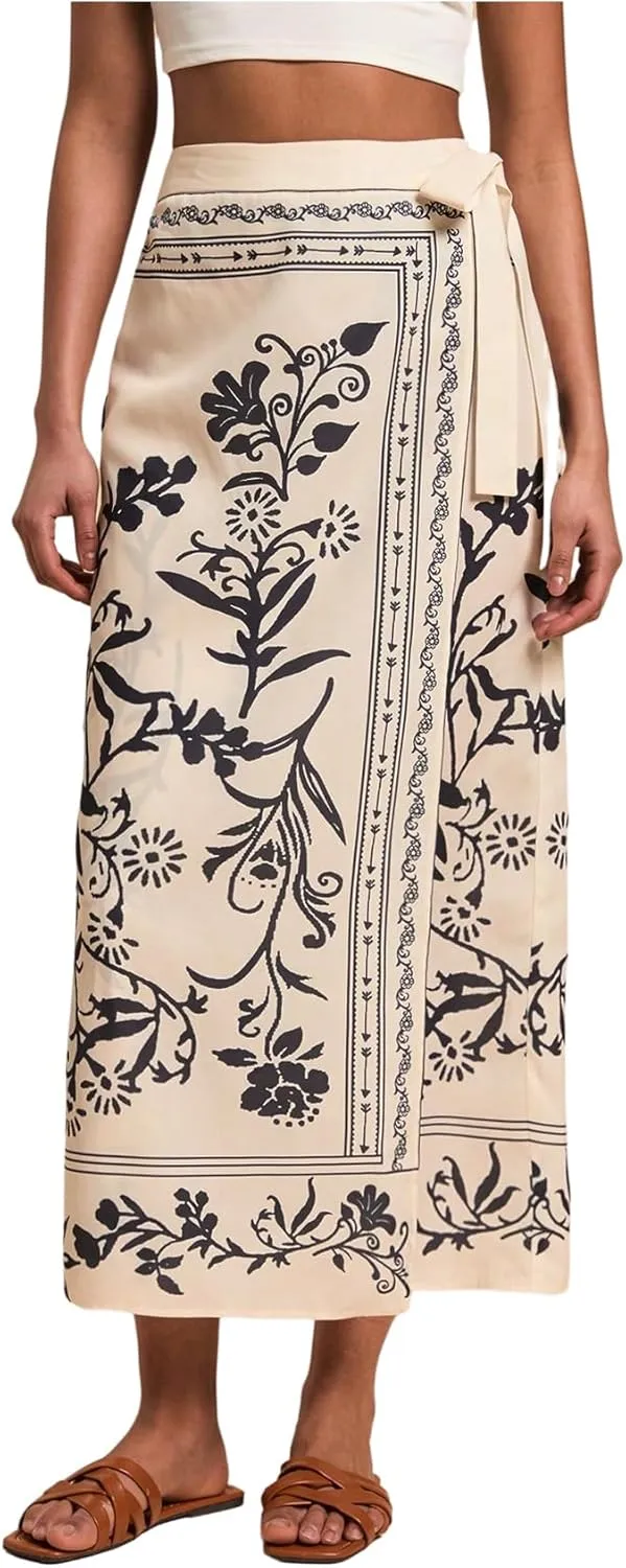 Verdusa Women's Floral Print Bow Tie Long Skirts Boho High Waisted Wrap Summer Skirt