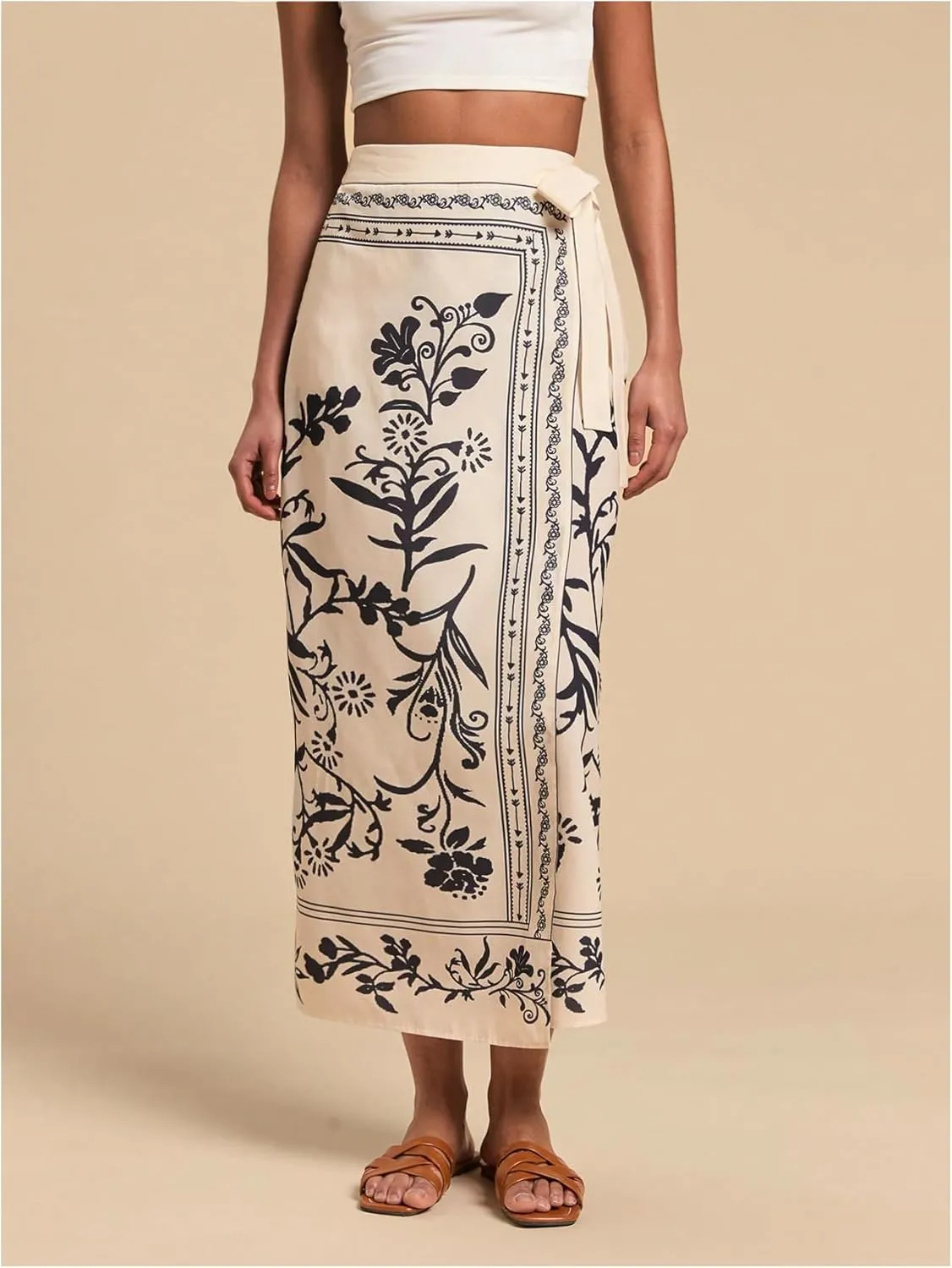 Verdusa Women's Floral Print Bow Tie Long Skirts Boho High Waisted Wrap Summer Skirt
