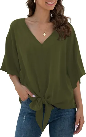 VIISHOW Womens Tie Front Chiffon Blouses V Neck Batwing Short Sleeve Summer Tops Shirts