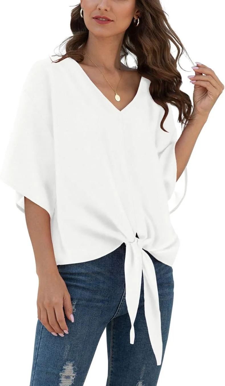 VIISHOW Womens Tie Front Chiffon Blouses V Neck Batwing Short Sleeve Summer Tops Shirts