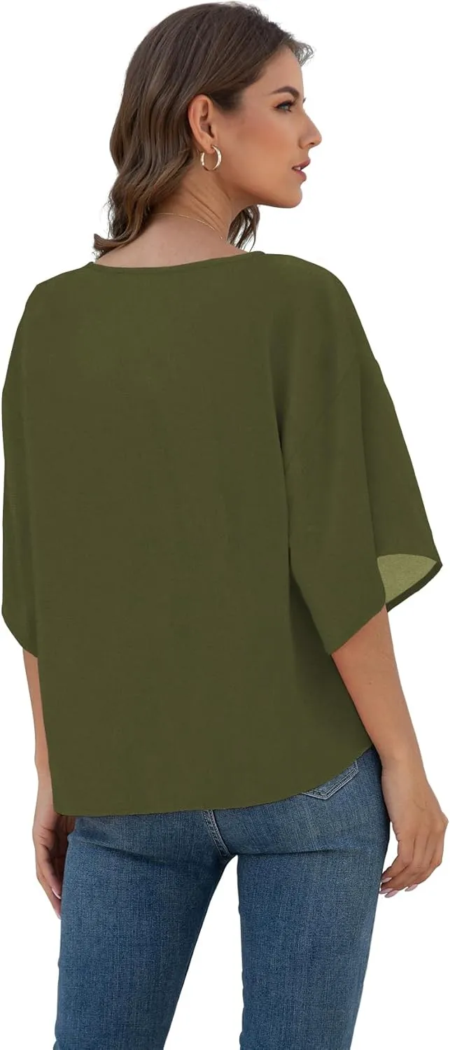 VIISHOW Womens Tie Front Chiffon Blouses V Neck Batwing Short Sleeve Summer Tops Shirts