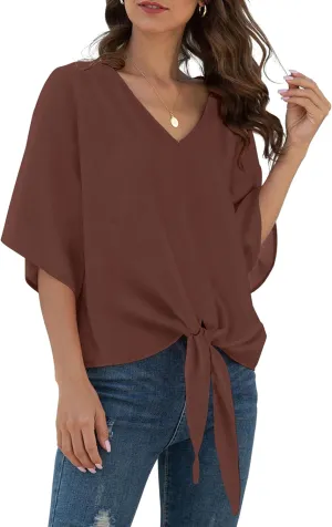 VIISHOW Womens Tie Front Chiffon Blouses V Neck Batwing Short Sleeve Summer Tops Shirts