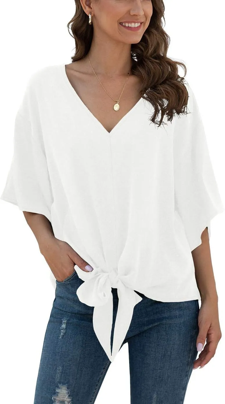 VIISHOW Womens Tie Front Chiffon Blouses V Neck Batwing Short Sleeve Summer Tops Shirts
