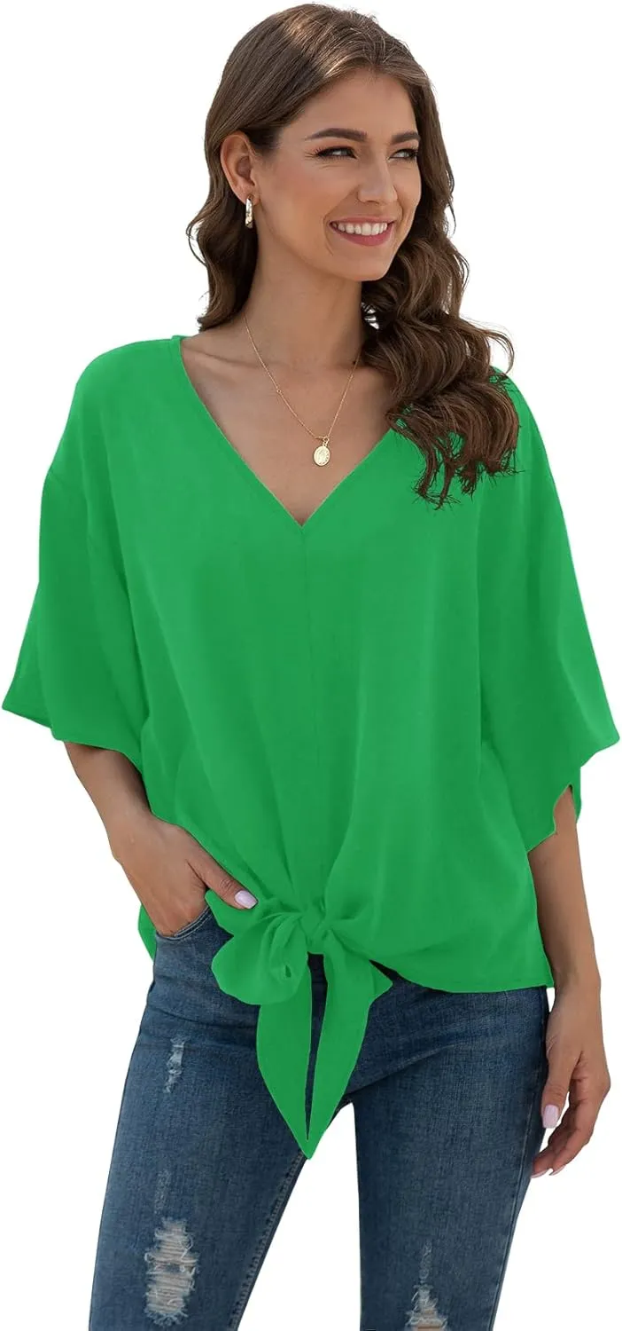 VIISHOW Womens Tie Front Chiffon Blouses V Neck Batwing Short Sleeve Summer Tops Shirts