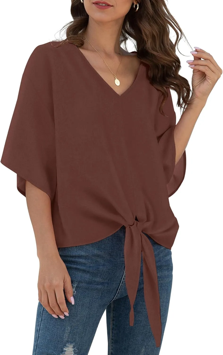 VIISHOW Womens Tie Front Chiffon Blouses V Neck Batwing Short Sleeve Summer Tops Shirts