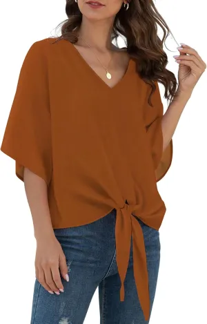 VIISHOW Womens Tie Front Chiffon Blouses V Neck Batwing Short Sleeve Summer Tops Shirts