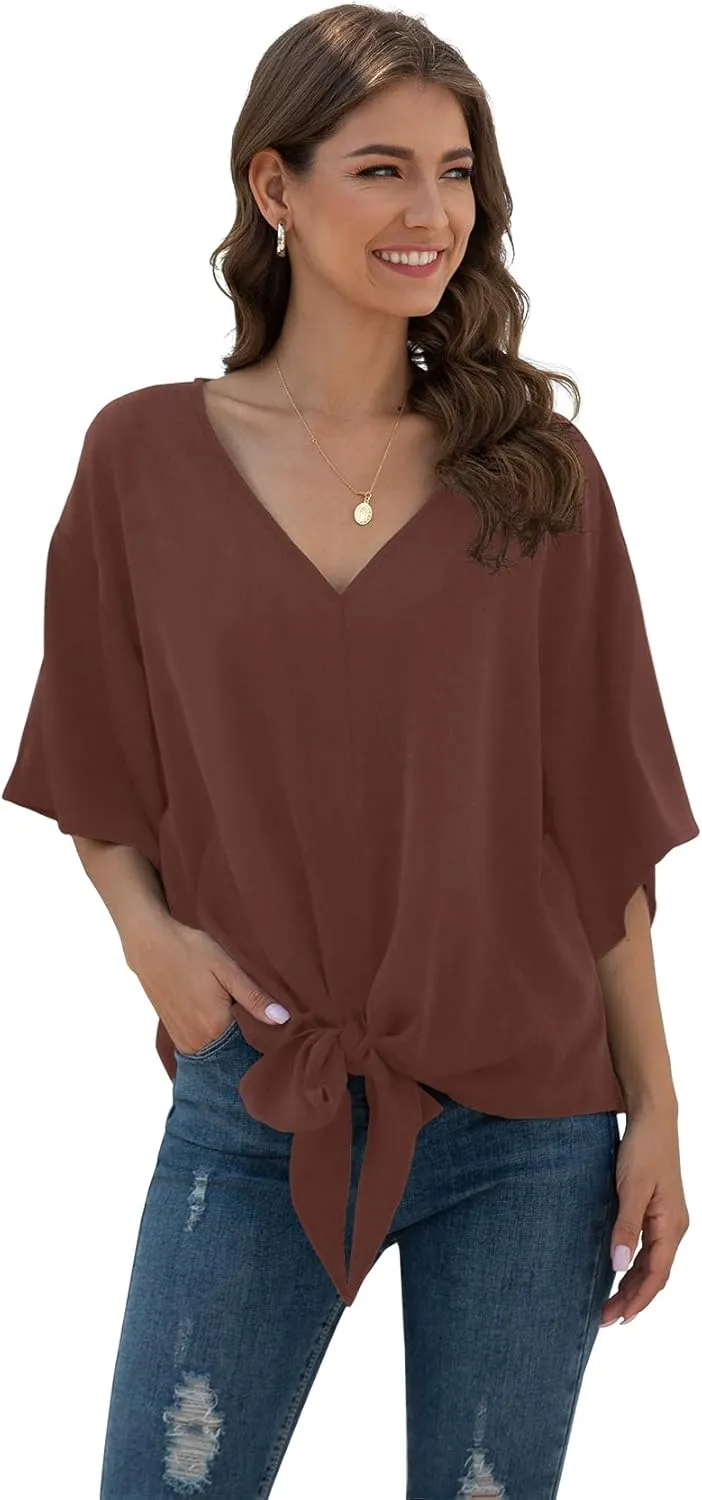 VIISHOW Womens Tie Front Chiffon Blouses V Neck Batwing Short Sleeve Summer Tops Shirts