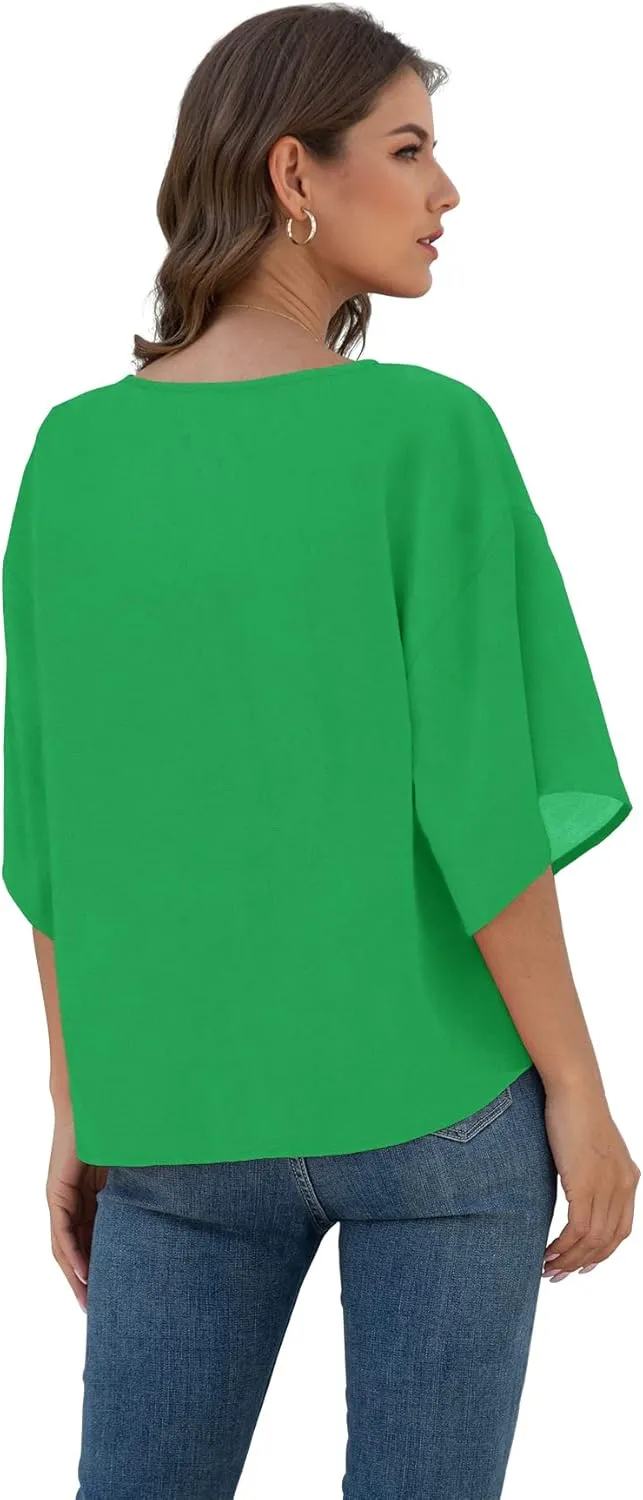 VIISHOW Womens Tie Front Chiffon Blouses V Neck Batwing Short Sleeve Summer Tops Shirts