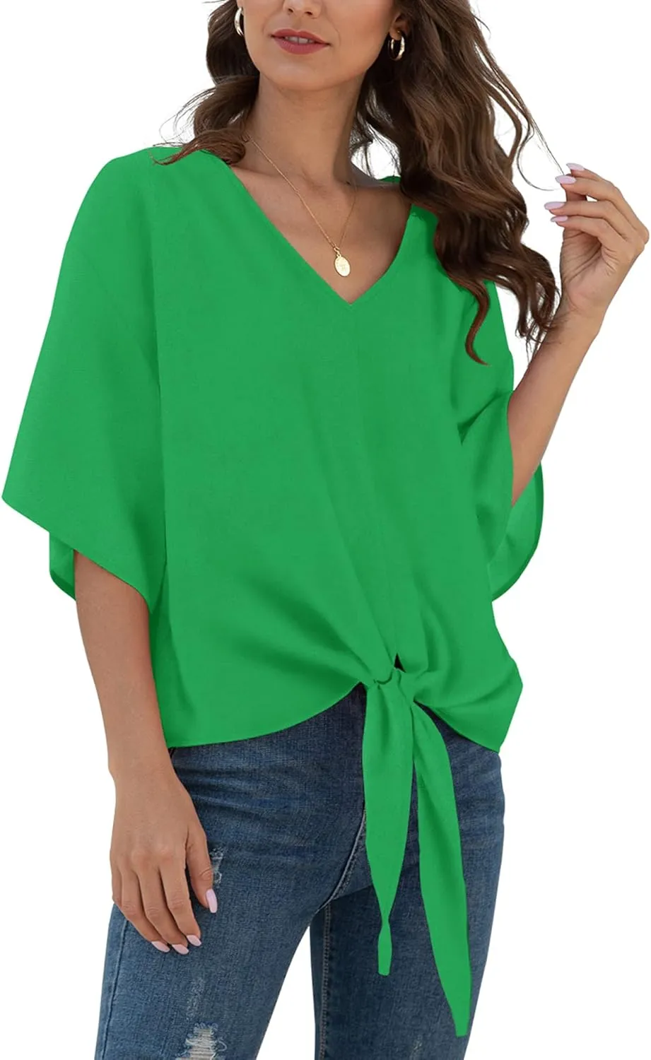 VIISHOW Womens Tie Front Chiffon Blouses V Neck Batwing Short Sleeve Summer Tops Shirts