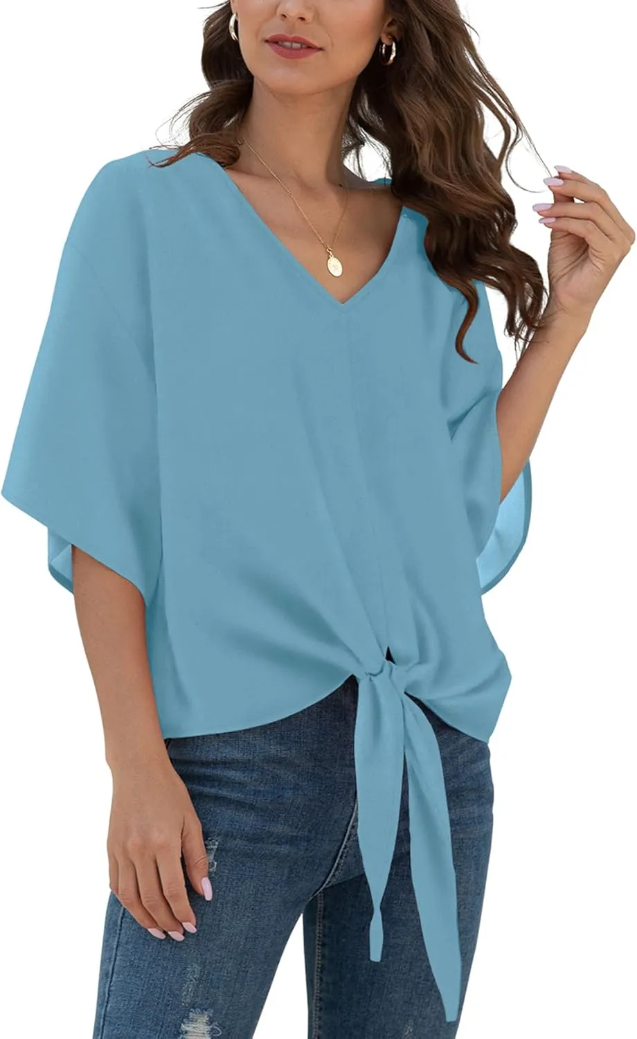 VIISHOW Womens Tie Front Chiffon Blouses V Neck Batwing Short Sleeve Summer Tops Shirts