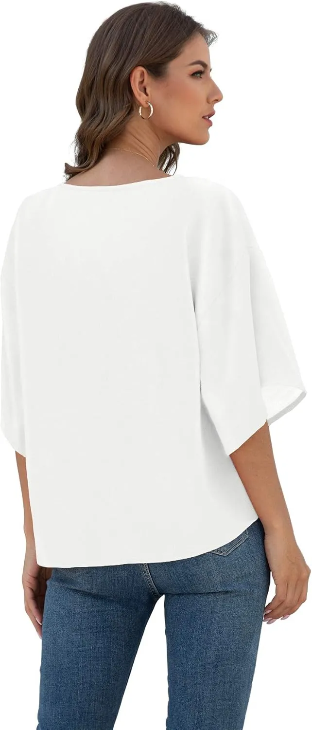VIISHOW Womens Tie Front Chiffon Blouses V Neck Batwing Short Sleeve Summer Tops Shirts