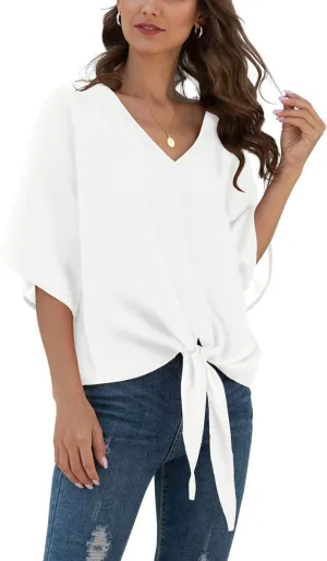 VIISHOW Womens Tie Front Chiffon Blouses V Neck Batwing Short Sleeve Summer Tops Shirts