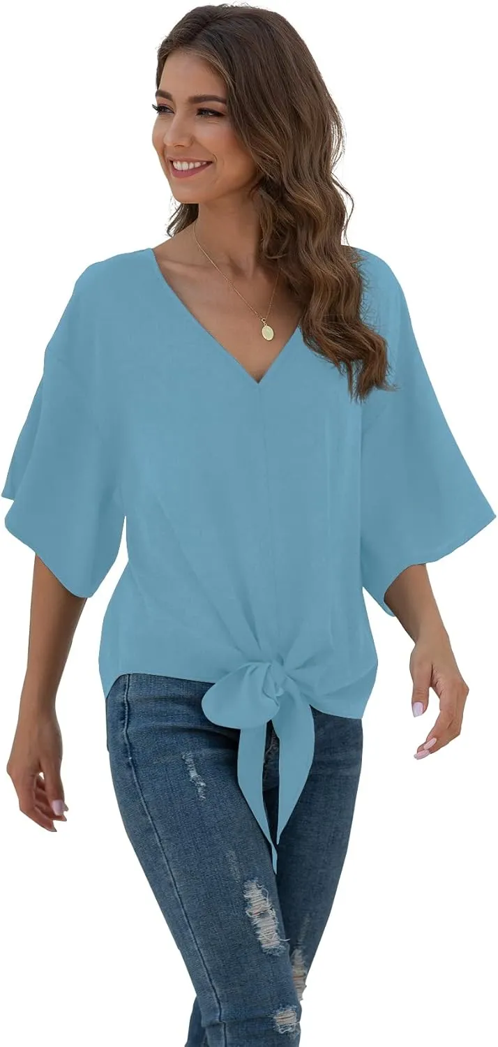VIISHOW Womens Tie Front Chiffon Blouses V Neck Batwing Short Sleeve Summer Tops Shirts