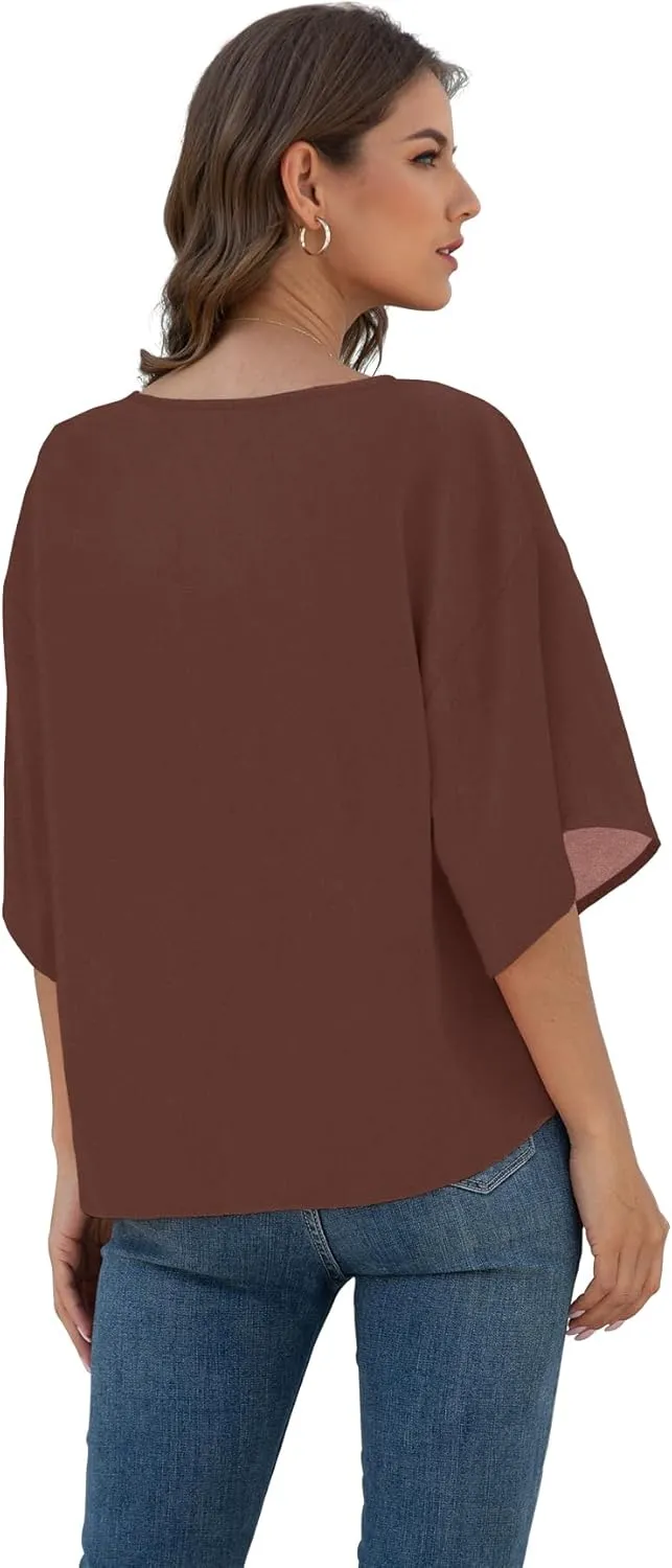 VIISHOW Womens Tie Front Chiffon Blouses V Neck Batwing Short Sleeve Summer Tops Shirts
