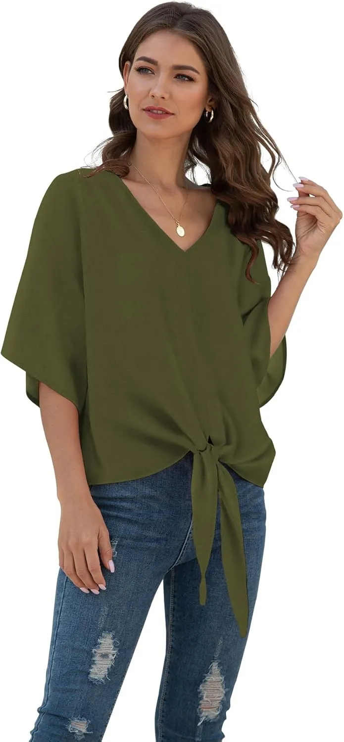VIISHOW Womens Tie Front Chiffon Blouses V Neck Batwing Short Sleeve Summer Tops Shirts