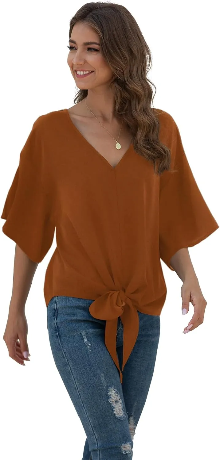 VIISHOW Womens Tie Front Chiffon Blouses V Neck Batwing Short Sleeve Summer Tops Shirts