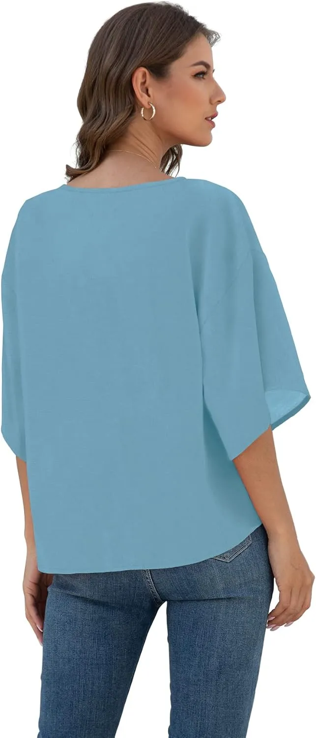 VIISHOW Womens Tie Front Chiffon Blouses V Neck Batwing Short Sleeve Summer Tops Shirts