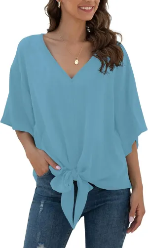 VIISHOW Womens Tie Front Chiffon Blouses V Neck Batwing Short Sleeve Summer Tops Shirts