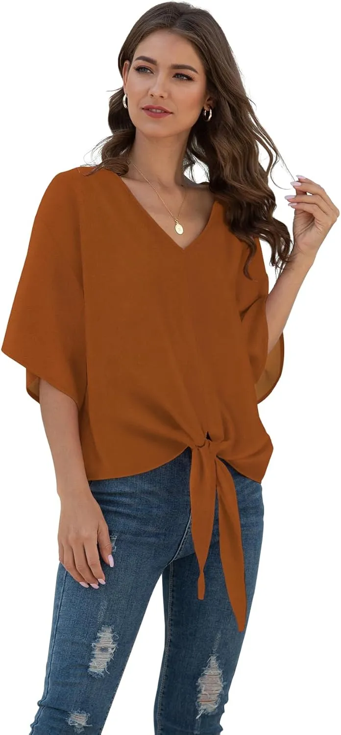 VIISHOW Womens Tie Front Chiffon Blouses V Neck Batwing Short Sleeve Summer Tops Shirts